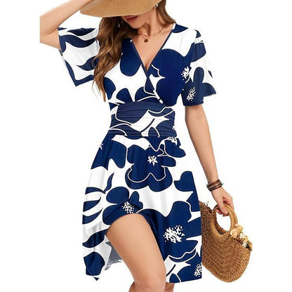 👗2026 Summer Hot Sale 49% OFF🌈Women's Ruffle Sleeve Sexy Sundress Floral V Neck Short Wrap Dress with Pockets