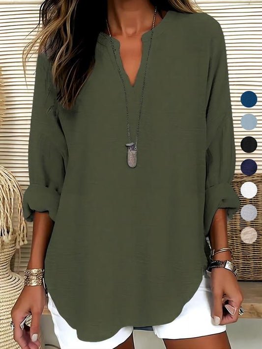 👍LAST DAY SALE 50% OFF🌹Women's Plain Notched Neck Drop Shoulder Blouse Shirts, Casual Long Sleeve Top