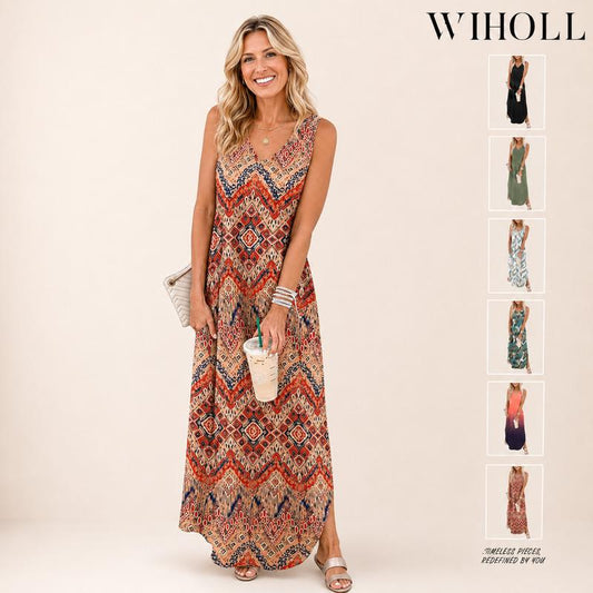 🎉Last Day Promotion 50% OFF💃2026 Summer Boho Print V Neck Maxi Dress with Pockets