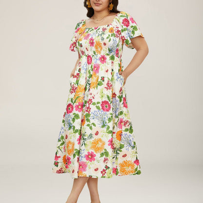 ⏰🌈Summer Hot Sale 70% OFF💃Floral Smocked Square Neck Midi Dress with Pockets