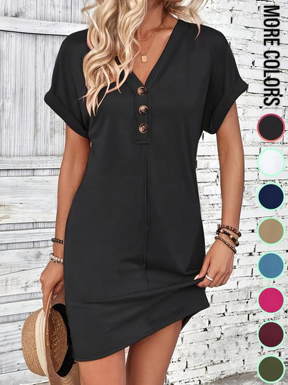 👗50% OFF NOW!⏰Women's Plain Button V Neck Tee Dress– Timeless solid colors & soft fabric – Perfect for work, brunch or summer days🌸