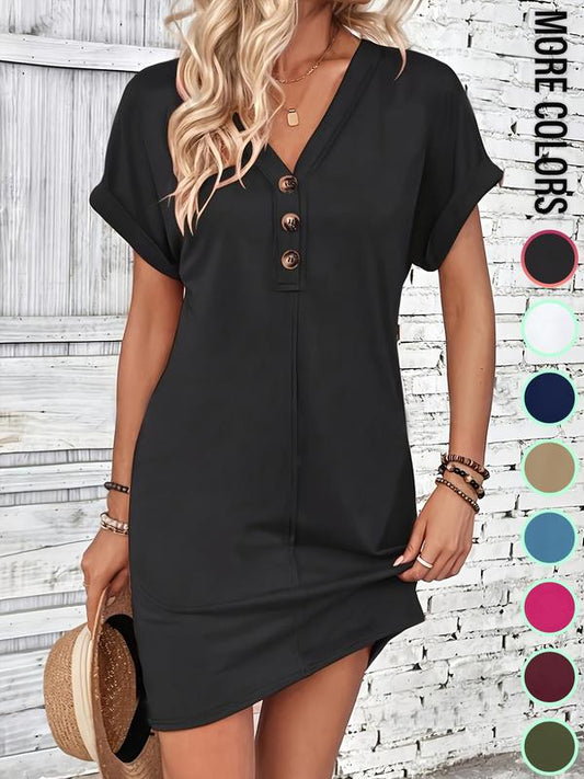 👗50% OFF NOW!⏰Women's Plain Button V Neck Tee Dress– Timeless solid colors & soft fabric – Perfect for work, brunch or summer days🌸