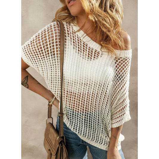 💥This Week's Special Price-49% OFF💥Womens Summer Scoop Neck Short Sleeve Sweater Casual Crochet Hollow Out Knit Top