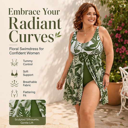 👙 LIMITED-TIME 50% OFF! 🌸Women's Leaf Floral Print One Piece Swim Dress, Tummy Control Plus Size Swimming Costume