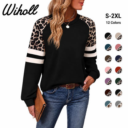 🍂LAST DAY SALE 60% OFF👍✨Women's Crewneck Long Sleeve Loose Cut Color Block Sweatshirts, Leopard Casual Tops with Cozy Softness