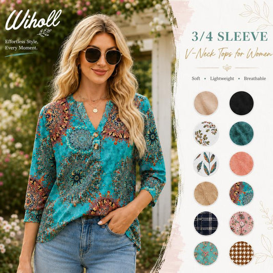 🌸Hot Sale 60% OFF👕Women’s Casual Printed V-Neck Top 3/4 Sleeve Shirts