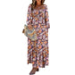 ⏰Summer Hot Sale 70% OFF💃💐Boho Floral Smocked Empire Waist Square Neck Long Sleeve Button Beach Long Maxi Dress