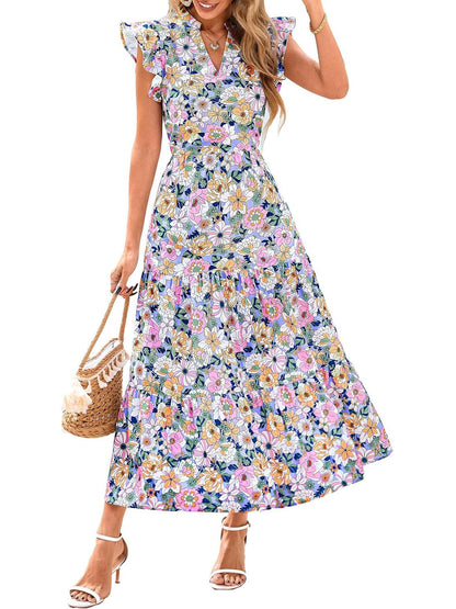 🏖️Early Summer Sale-50% Off🌷Women's Boho Print V Neck Ruffle Maxi Dress