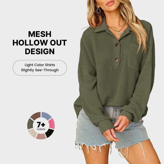 💖2026 Autumn’s Sale 70% OFF✨🍂Women’s Oversized Waffle Shirts Tops Button V Neck Long Sleeve Blouses