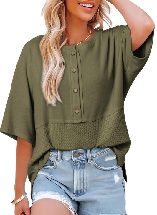 💥Last Day Special Sale 49% OFF👚Women's 3/4 Sleeve Casual Button Down Waffle Knit Tops