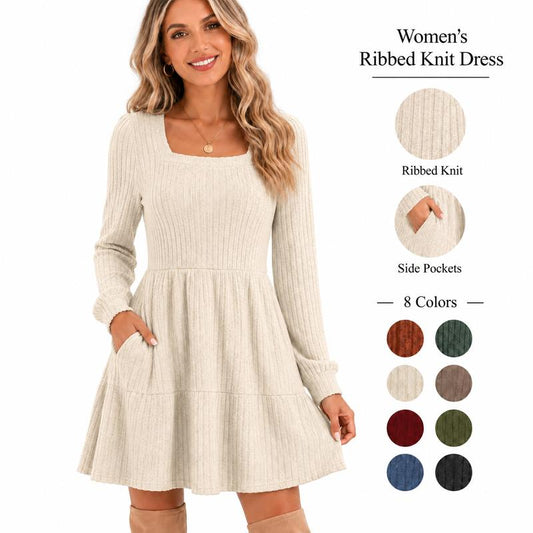 🍂🔥LAST DAY SALE  70% OFF⏰Women's 2026 UK Square Neck Long Sleeve Fall Dresses Casual Babydoll Sweater Dress