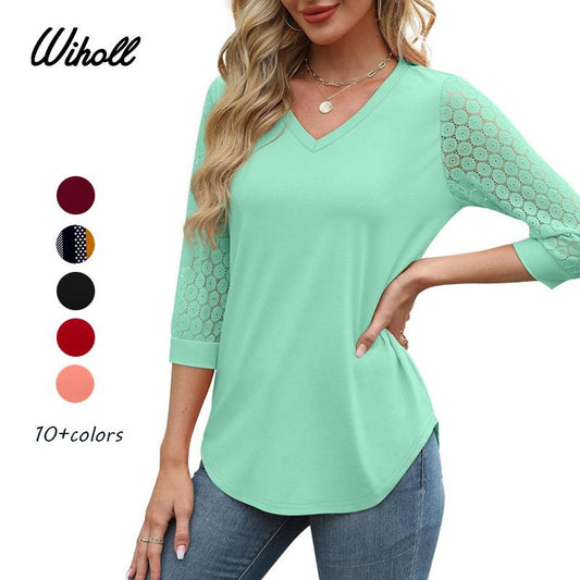 🏆🌷2026 Hot Sale-49% OFF🔥Women's 3/4 Length Sleeve V-Neck Lace Tunic Tops Business Casual Blouses