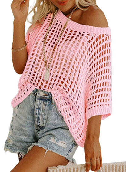 💥This Week's Special Price-49% OFF💥Womens Summer Scoop Neck Short Sleeve Sweater Casual Crochet Hollow Out Knit Top