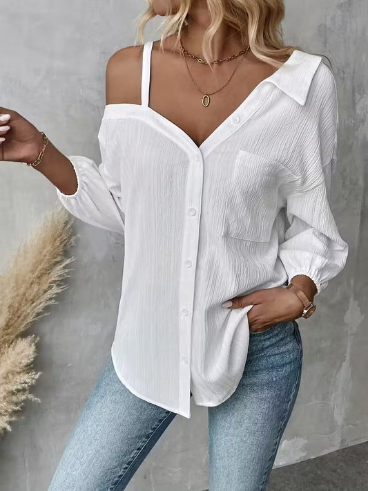 Women's Asymmetric Collar Drop Shoulder Loose Casual Shirt