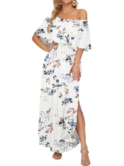 ⏰Summer Hot Sale 50% OFF💃Women's Off-Shoulder Ruffled Side-Slit Maxi Dress with Pockets