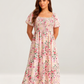 ⏰🌈Summer Hot Sale 70% OFF💃Floral Smocked Square Neck Midi Dress with Pockets