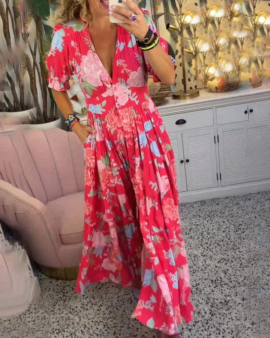 🔥HOT SALE 49% OFF🔥Cozy floral print V-neck Long Dress with pocket