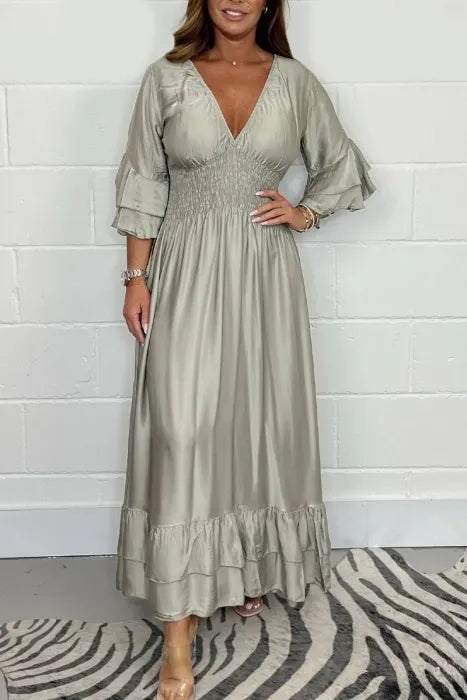 🎉Spring Specials Sale 50% OFF💃Women's Satin Ruffle High Waist Maxi Dress