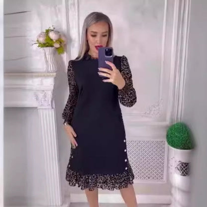 🔥HOT SALE 49% OFF🔥Leopard Color Blocking Mock Neck Knee-Length Dress