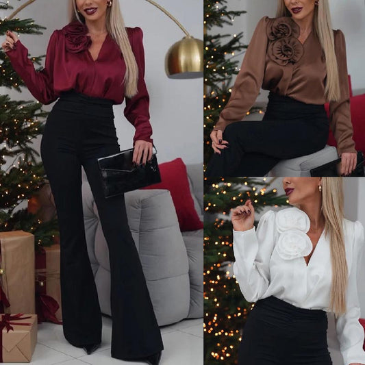 🔥Last Day Sale 49% OFF🔥Women's Luxurious Satin V-neck Blouse with Rose Detail