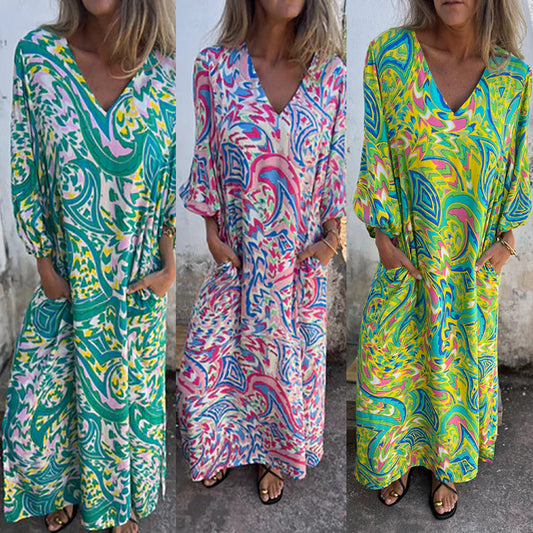 🎉New Hot Sales -70% OFF🥰Women's Bohemian V-Neck Abstract Printed Maxi Dress