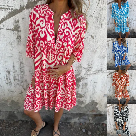 💥Last Day Special Sale Only￡13.99!!!💃V-Neck Printed Three-Quarter Sleeve Dress