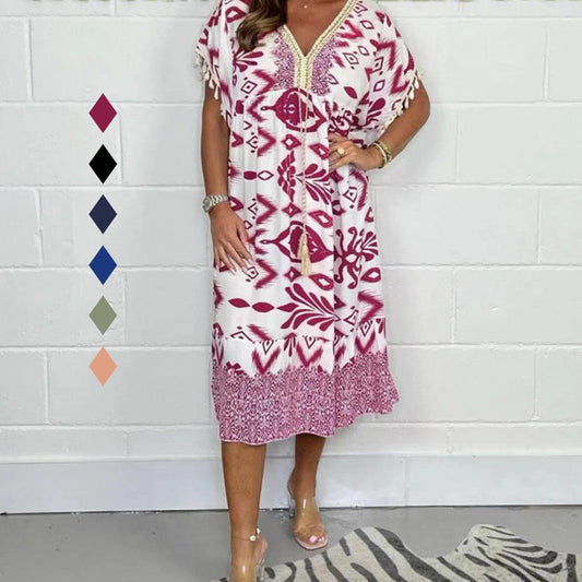 🎉Last Day Promotion 50% OFF💃🌼Women's V-Neckline Printed Tassel Casual Dress