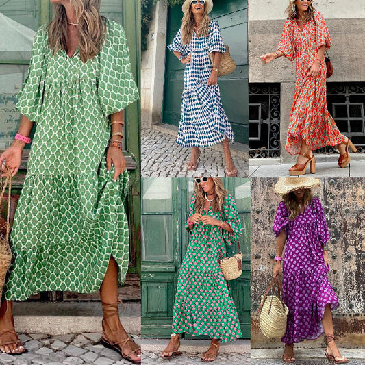 💖Limited Sale 50% OFF💖Women's Elegant Puff Sleeve Floral Boho Maxi Dress