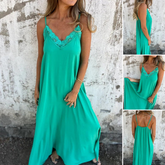 💥Last Day Special Sale 49% OFF💃Women's Elegant Lace Trim V-Neck Spaghetti Strap Maxi Dress