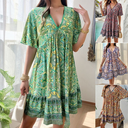 💕Last Day Promotion 49% OFF👗Women’s Flower Print V Neck Short Sleeve Mini Dress