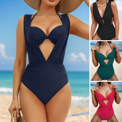 🏖️Last Day Special Sale 49% OFF🩱Women's Underwire Tummy Control One Piece Halter Plunging Neck Swimsuit