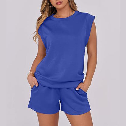 💕Last Day Promotion 49% OFF🔥Women's Cap Sleeve Crewneck Top & Drawstring Shorts 2-Piece Set