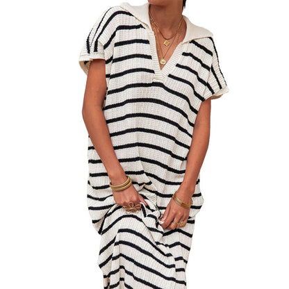 ⏰Early Autumn Sales 49% OFF🍂Women's V-Neck Striped Split Lapel Long Sweater Dress