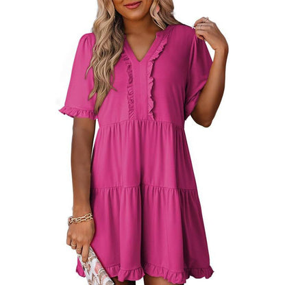 🔥Hot Sale 70% OFF🌈Women's V Neck Ruffle Casual A-Line Flowy Swing Shift Dress