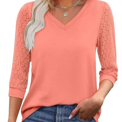 🏆Last Day Special Price ￡10.99!!🔥Women's Casual V-Neck Lace 3/4 Length Sleeve Top