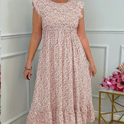 🎉🛍️Hot Promotion 50% OFF💃Women's Elegant Floral Print High-Waisted Ruffle Cap Sleeve Dress