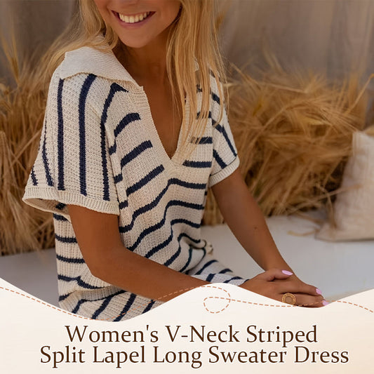⏰Early Autumn Sales 49% OFF🍂Women's V-Neck Striped Split Lapel Long Sweater Dress