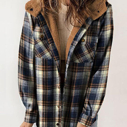 Hot Sale-Women's Thickened Flannel Long Sleeve Plaid Jacket Coat With Hood