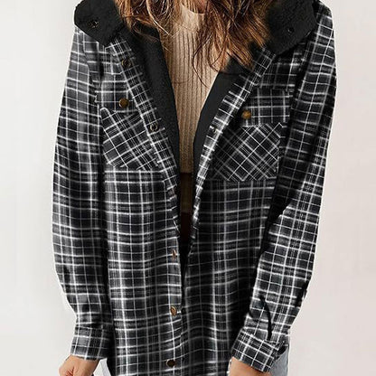 Hot Sale-Women's Thickened Flannel Long Sleeve Plaid Jacket Coat With Hood