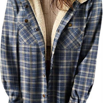 Hot Sale-Women's Thickened Flannel Long Sleeve Plaid Jacket Coat With Hood