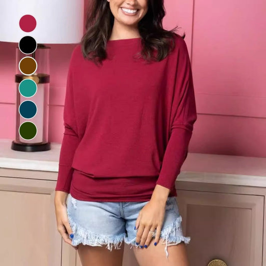 💖 Special Price £14.99🔥Last 3 Hours!!💝Women's Autumn Solid Round Neck Batwing-Sleeve Top