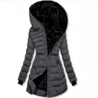 Women's Hooded Mid-Length Winter Coat with Plush Lining