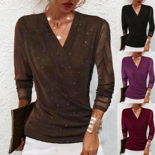 🔥Hot Sale 50% OFF✨✨Women's Sparkle Crossover V-Neck Long Sleeve Top