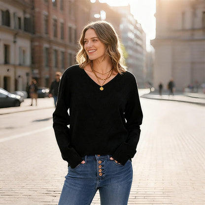 V-Neck Pointelle Knit Pullover Sweater