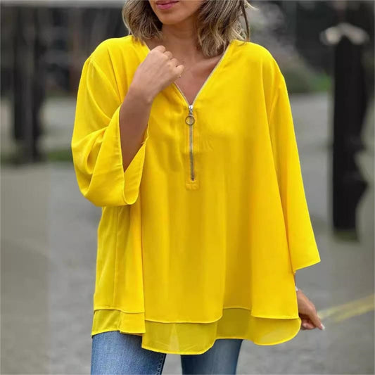 🔥LAST DAY SALE ONLY ￡13.99!!👚✨Double-Layer V-Neck Zipper 3/4 Sleeves Soft Tops – Elegant Design, Comfortable Fit & Versatile Style 🌸