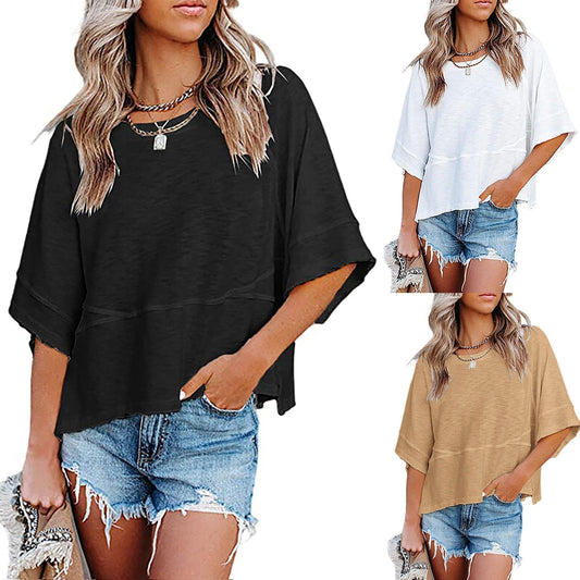 💥Last Day Special Sale 40% OFF👚Women's Solid Color Splicing Loose Five Points Flare Sleeve T-Shirt
