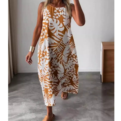 💃Last Day Sale 50% OFF💝Sleeveless Leaf Printed Open Back V-Neck Maxi Dress