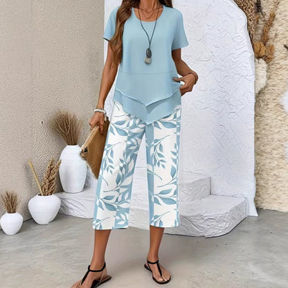 💥Last Day Special Price:£ 17.99👗Women's 2-Piece Set – Layered Asymmetrical Tunic Top & Printed Wide Leg Pants✨