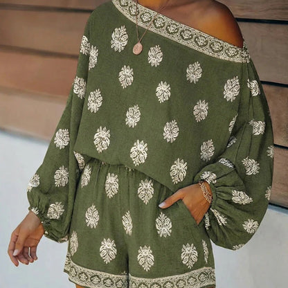 Bohemian Off-Shoulder Printed Jumpsuit Set