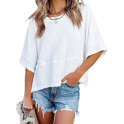 ⏳LAST DAY SALE ONLY ￡9.99!!🔥🌸Women's Solid Color Splicing Loose Five Points Flare Sleeve T-Shirt